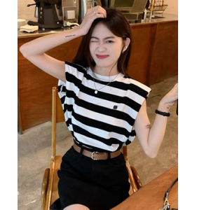 條紋背心T恤女夏季2023新款設計感心機小衆寬松辣妹外穿無袖上衣