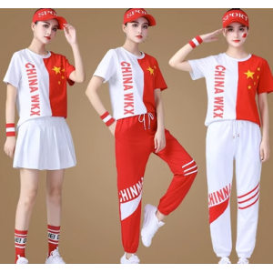 夏季新款廣場舞服裝套裝中國(guó)紅歌建黨節團體演出服五星短袖兩(liǎng)件套